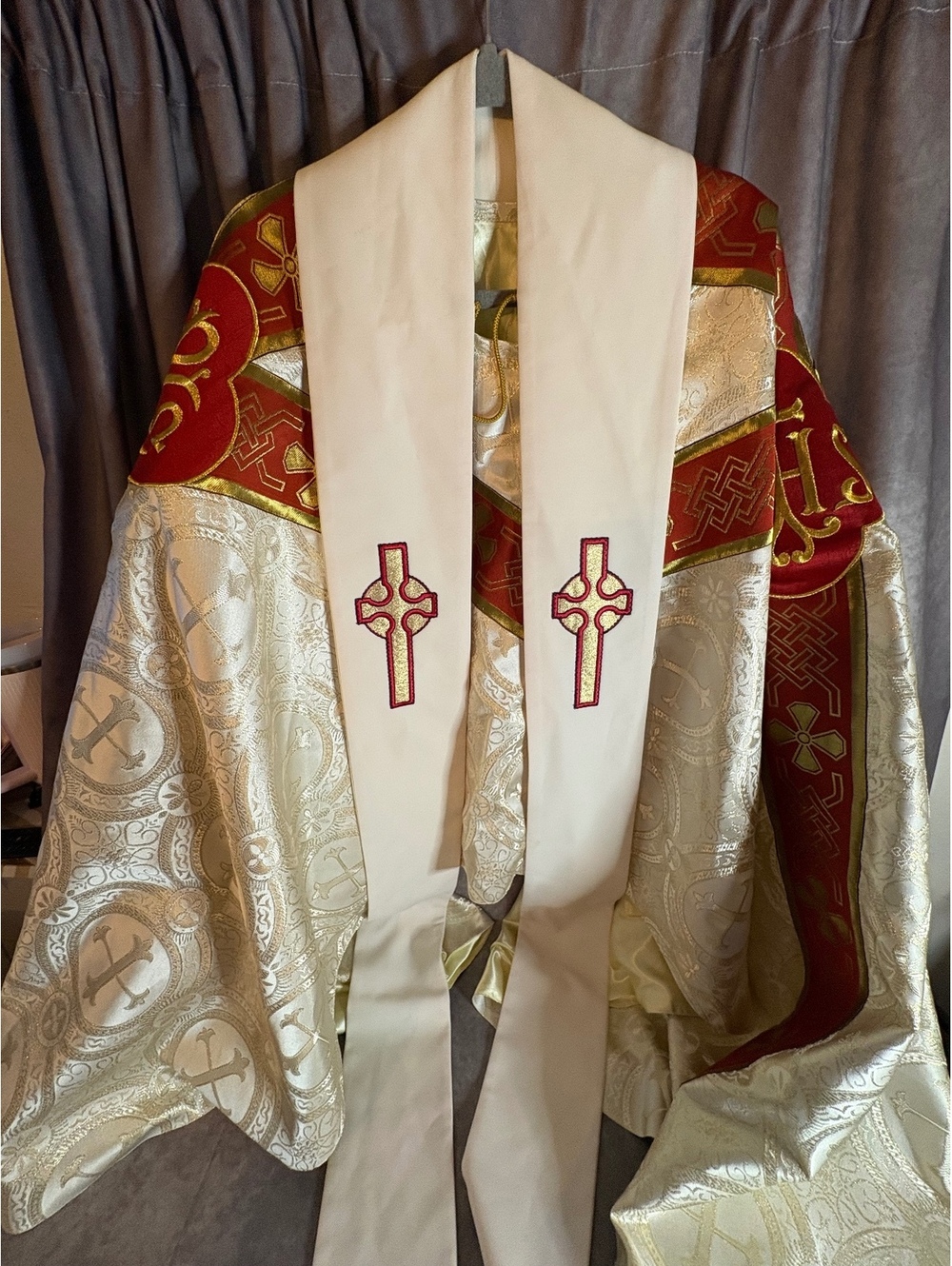 White Gold Red Priest Chasuble & Stole IHS Alpha Omega Vestment Set